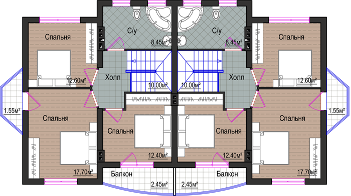 Блок-секции «Орловка» (начало строительства). План 2 этажа (секция 129 кв.м.)